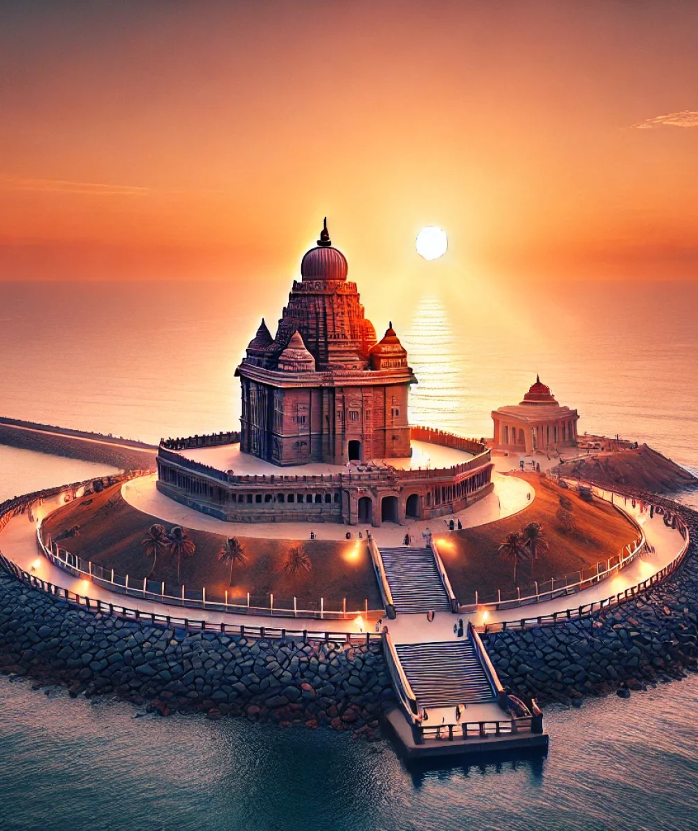 DALL·E-2024-06-24-15.29.54-A-panoramic-view-of-the-Vivekananda-Rock-Memorial-at-sunrise-with-the-first-rays-of-the-sun-illuminating-the-structure-against-the-vast-ocean-in-the-